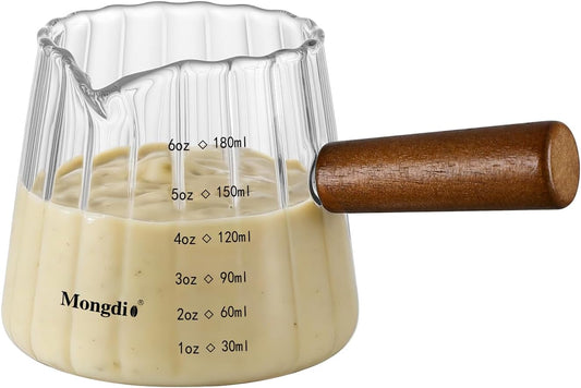 Mongdio 6OZ Espresso Measuring Cup with Wooden Handle, Glass Measuring Cup with Dual Scale Markings, Espresso Shot Cups, Milk Frothing Pitcher for Coffee, Milk