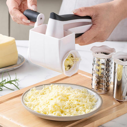 Classic Rotary Cheese Grater with Handle, 3-in-1 Handheld Cheese Grater with 3 Stainless Steel Graters Barrels, Multifunctional Grater for Cheese Garlic Parmesan Ginger Vegetable Carrot Potato, White