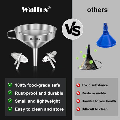 Stainless Steel Funnel, Walfos 3 Pack Kitchen Funnel with 2 Removable Strainer ＆ 1Pcs Cleaning Brush, Perfect for Transferring of Liquid, Oils, Jam, Dry Ingredients & Powder