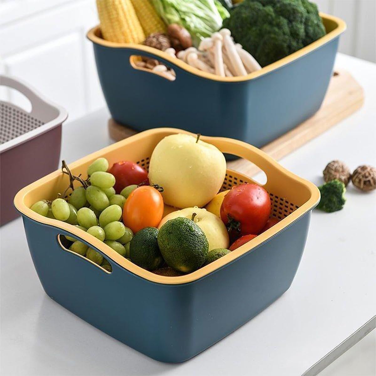 Double-layer Plastic Fruits Vegetable Washing Basket Food Storage Multi-layer Stackable Vegetable Sinks Wash Drain Basket for Kitchen (White)