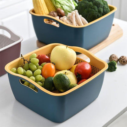 Double-layer Plastic Fruits Vegetable Washing Basket Food Storage Multi-layer Stackable Vegetable Sinks Wash Drain Basket for Kitchen (White)