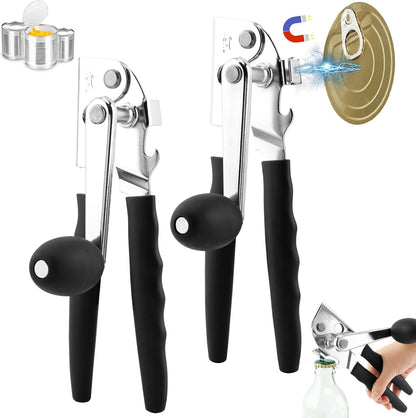 2 PCS Commercial Can Opener Manual, Stainless Steel Handheld Can Opener with Folding Easy Crank Handle Save Effort Large Ca-n Opene-r Smooth Edge for Seniors Chef