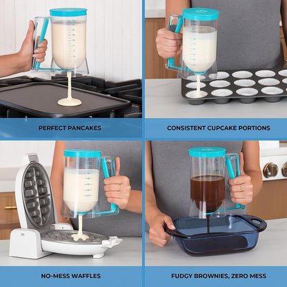 Pancake Batter Dispenser - Kitchen Must Have Tool for Perfect Pancakes, Cupcake, Waffle, Muffin Mix, Cake & Crepe - Easy Pour Baking Supply for Griddle - Pancake Maker with Measuring Label (Turquoise)