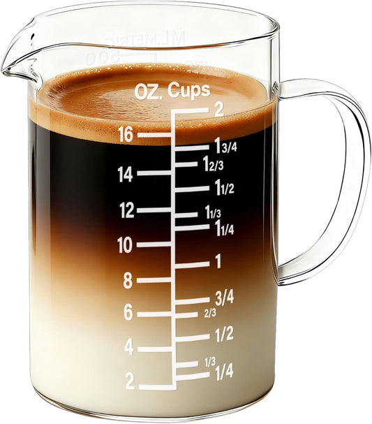 BCnmviku Graduated Glass Measuring Cup 16Oz/2Cups/500ml Easy to Read V-Shaped Spout - High Borosilicate Glass Measuring Cup for Kitchen or Dining (BC-500-oz)