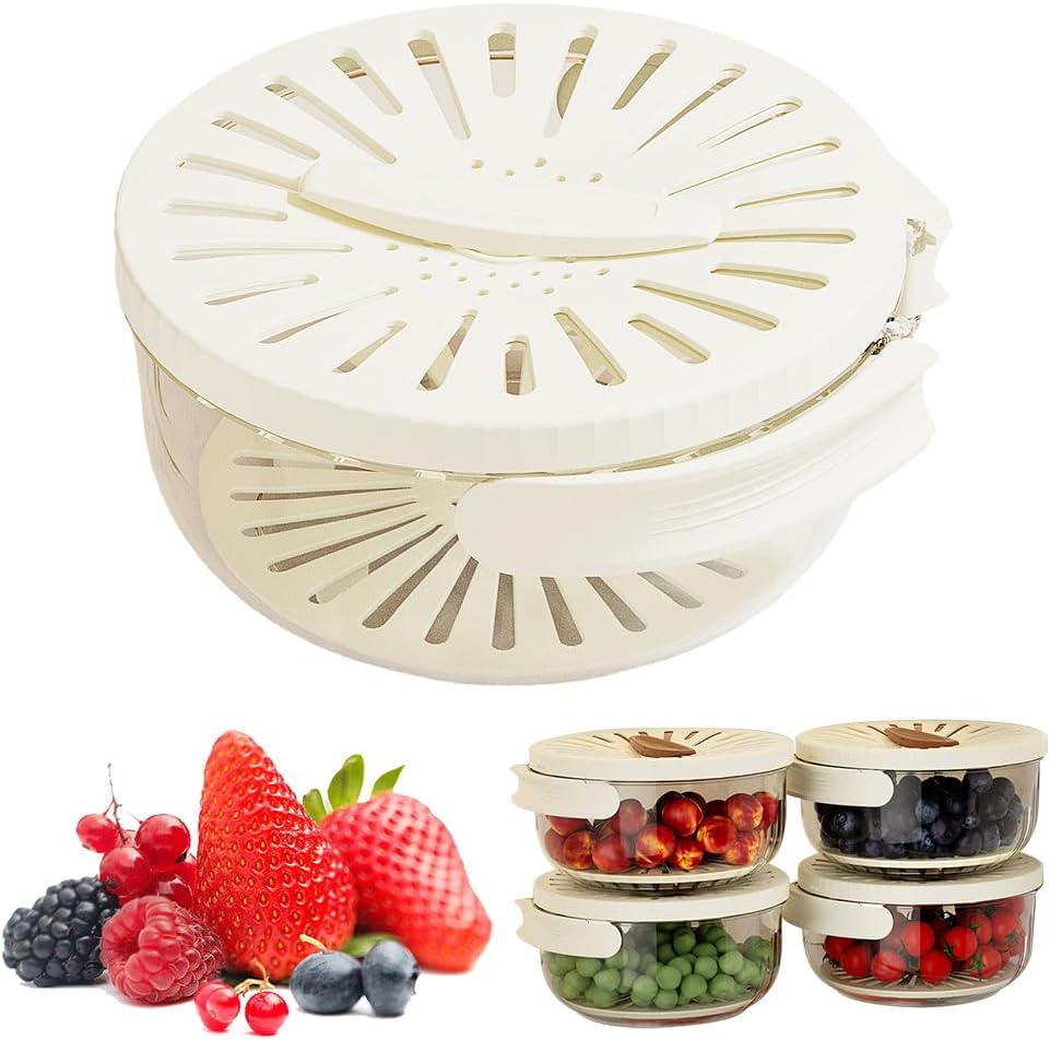 Multi-Functional Fruit and Vegetable Washing Bowl, Fruit Strainer Container with Lid, 2 In 1 Sealed Drainer Basket, Drainer and Freshness Basket, Kitchen Tool with Foldable Handle (White 2pcs)