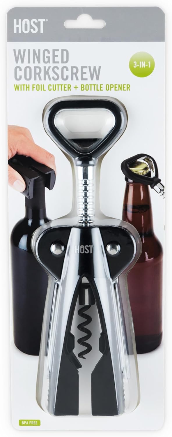HOST Winged Corkscrew, Non-Stick Worm And Bottle Opener, 2-Blade Foil Cutter