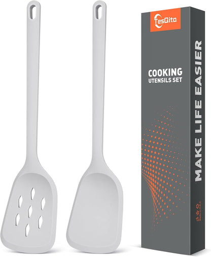 Silicone Cooking Spatula&Slotted Spatulas, Pack of 2,Solid Turner Kitchen Utensils Set for Cooking,Frying, Baking, Flipping, Turning,Heat Resistant 450℉ (Green)