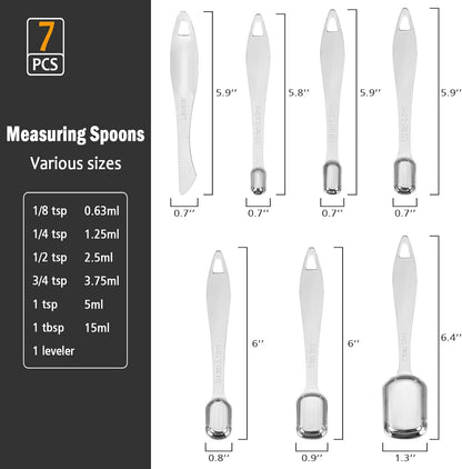 Accmor Stainless Steel Measuring Spoons Set of 7, Nesting Measuring Tool with Leveler, Rectangular Tablespoon and Teaspoon for Baking & Cooking, Stackable Kitchen Gadgets for Dry & Liquid Ingredients