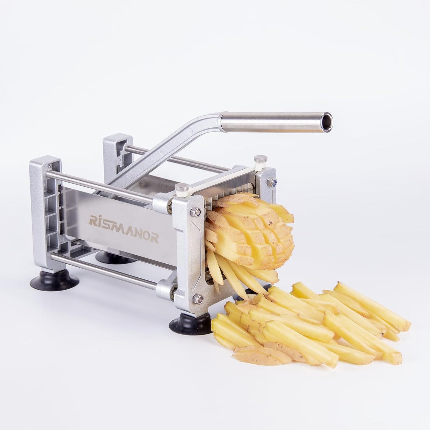 Rismonar French Fry Cutter Stainless Steel Potato Slicer With 1/2 inch Blade for Carrots Cucumbers Vegetables (Silver, Machine + 1/2)