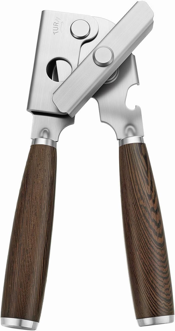 Upgraded Efficient Manual Can Opener - Selected Solid Wood Handle, Sharp and Smooth Blade Edge, Portable Design, Easy-Open Large Knob, Versatile for Various Bottle Caps（Rosewood）