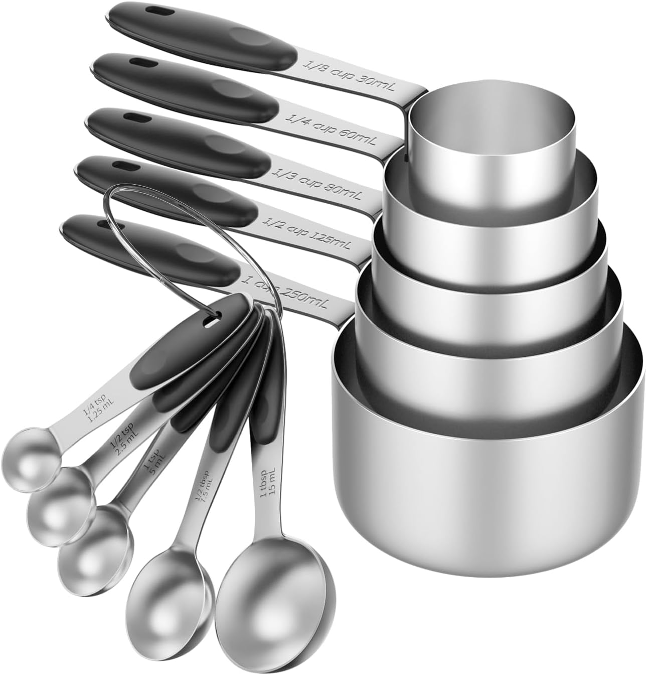 ENLOY Stainless Steel Measuring Cups and Spoons Set of 10 Piece, Soft Silicone Handles and Clearly Scale, Nesting Liquid Measuring Cup Set or Dry Measuring Cups Set (Black)
