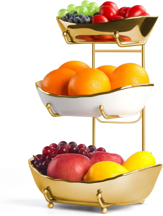 Fruit Bowl for Kitchen Counter, 3 Tier Ceramic Fruit Basket with Metal Stand, Tiered Fruit Stand for Countertop, Modern Multi Serving Bowl for Party Dessert, Vegetable, Snack