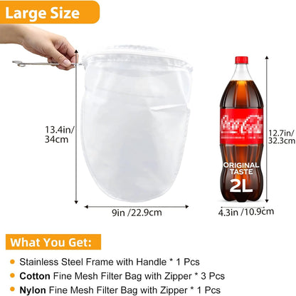 5 Pcs Premium Ultra Fine Mesh Strainer Bags with Stainless Steel Handle, Reusable Nut Milk Bags, Cheese Cloths for Straining Juice, NutMilk, Coffee, Thai Tea, Yogurt and Soup (Medium)