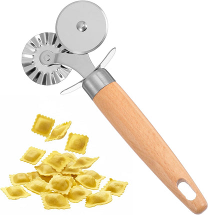 Double Wheel Pastry Cutter with Premium Wooden Handle, Stainless Steel Dual-Head Ravioli & Pasta Cutter for Pizza, Cookies, and Pasta, Multipurpose Baking Tool for Kitchen