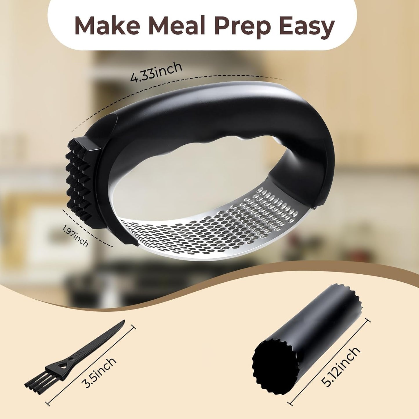 Stainless Steel Garlic Press Rocker Set – Ergonomic Garlic Crusher and Mincer Tool for Effortless Pressing. Includes Silicone Peeler and Cleaning Brush. Dishwasher Safe Kitchen Gadget (Black Handle)