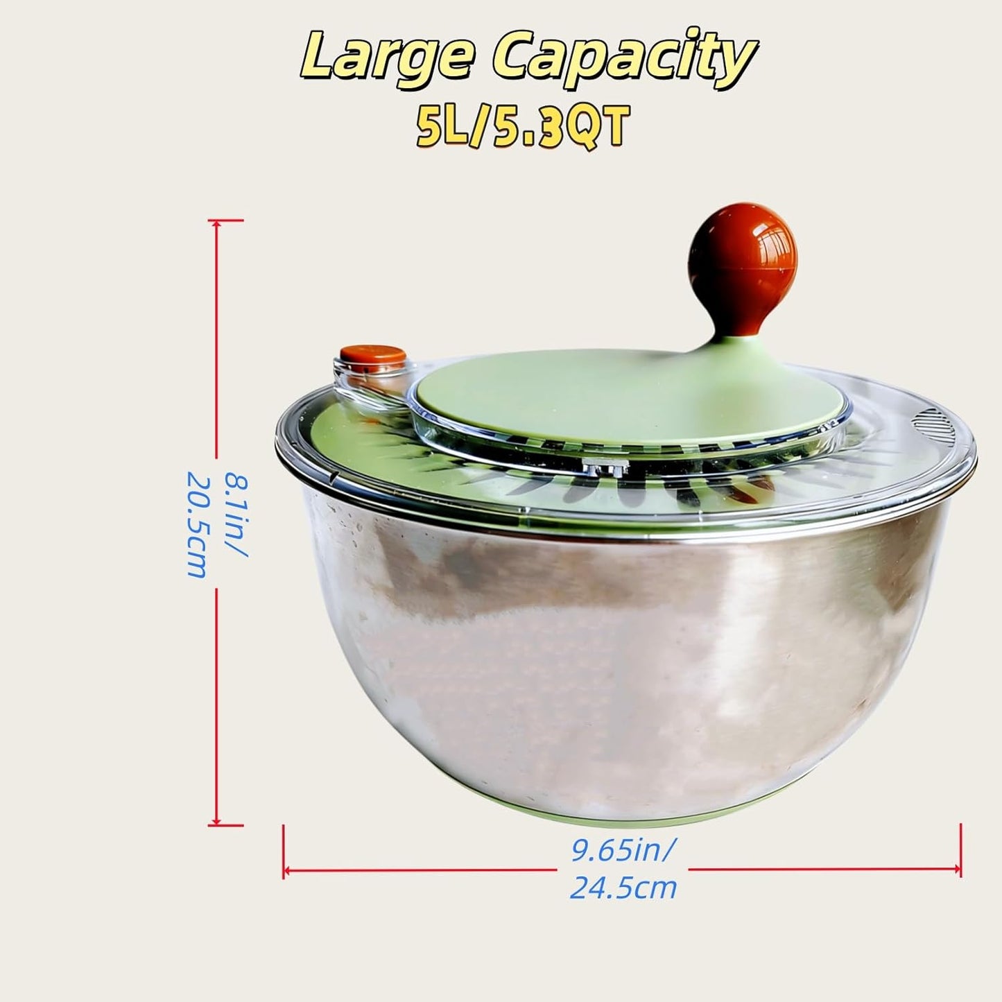 5.3Qt Stainless Steel Salad Spinner with Stop Button, Lid & Non-Slip Base, Salad Spinner Stainless Steel no Plastic, Dishwasher Safe, Vegetable Spinner Dryer with Drain Hole (GREEN)
