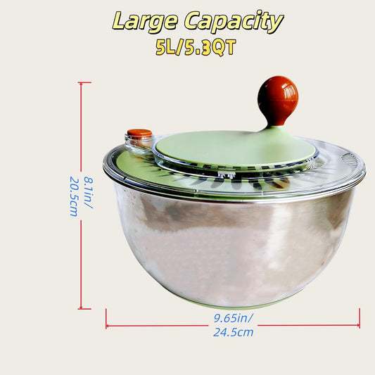 5.3Qt Stainless Steel Salad Spinner with Stop Button, Lid & Non-Slip Base, Salad Spinner Stainless Steel no Plastic, Dishwasher Safe, Vegetable Spinner Dryer with Drain Hole (GREEN)