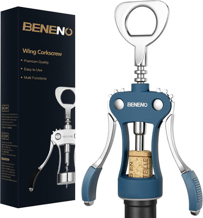 Beneno Wine Opener, Zinc Alloy Premium Wing Corkscrew with Multifunctional Bottles Opener, Sharp Wine Corkscrew with Ergonomic Non-Slip Wing Handle, Silver