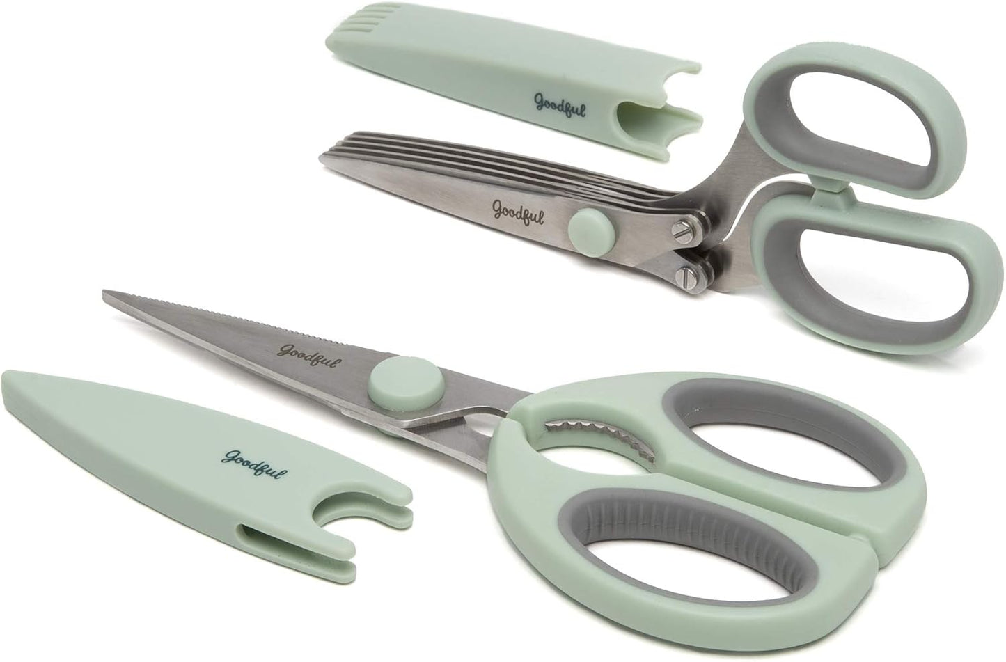 Goodful Utility Kitchen Shear and 5-Blade Herb Shear Set, Premium Stainless Steel Blades with Protective Guards, Comfort Grip Handles, Built-in Herb Shear Cleaning Comb, 2-Piece Set, Sage Green