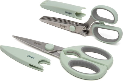 Goodful Utility Kitchen Shear and 5-Blade Herb Shear Set, Premium Stainless Steel Blades with Protective Guards, Comfort Grip Handles, Built-in Herb Shear Cleaning Comb, 2-Piece Set, Sage Green