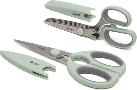 Goodful Utility Kitchen Shear and 5-Blade Herb Shear Set, Premium Stainless Steel Blades with Protective Guards, Comfort Grip Handles, Built-in Herb Shear Cleaning Comb, 2-Piece Set, Sage Green