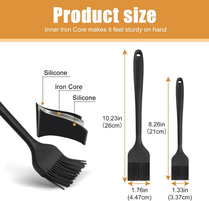 Silicone Basting Brush for Cooking 2 Pcs Pastry Brush for Grilling,Oil,BBQ,Meat,Sauce,Baking (Black)