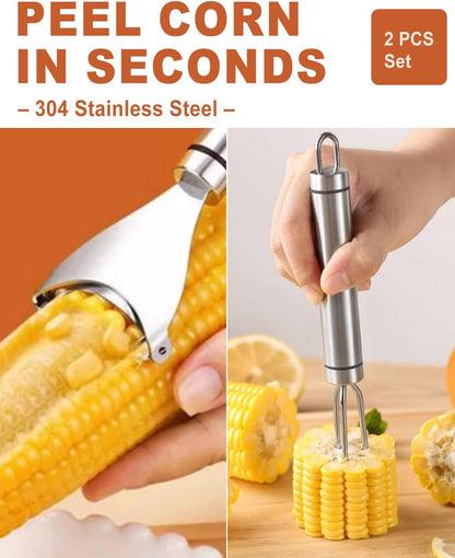 3PCS Corn Peeler Set – Stainless Steel Corn Stripper Tool with Cutter, Planer & Holder – Quickly Remove Kernels from Corn on the Cob – Dishwasher Safe, Easy Grip Handle, for Home & BBQ
