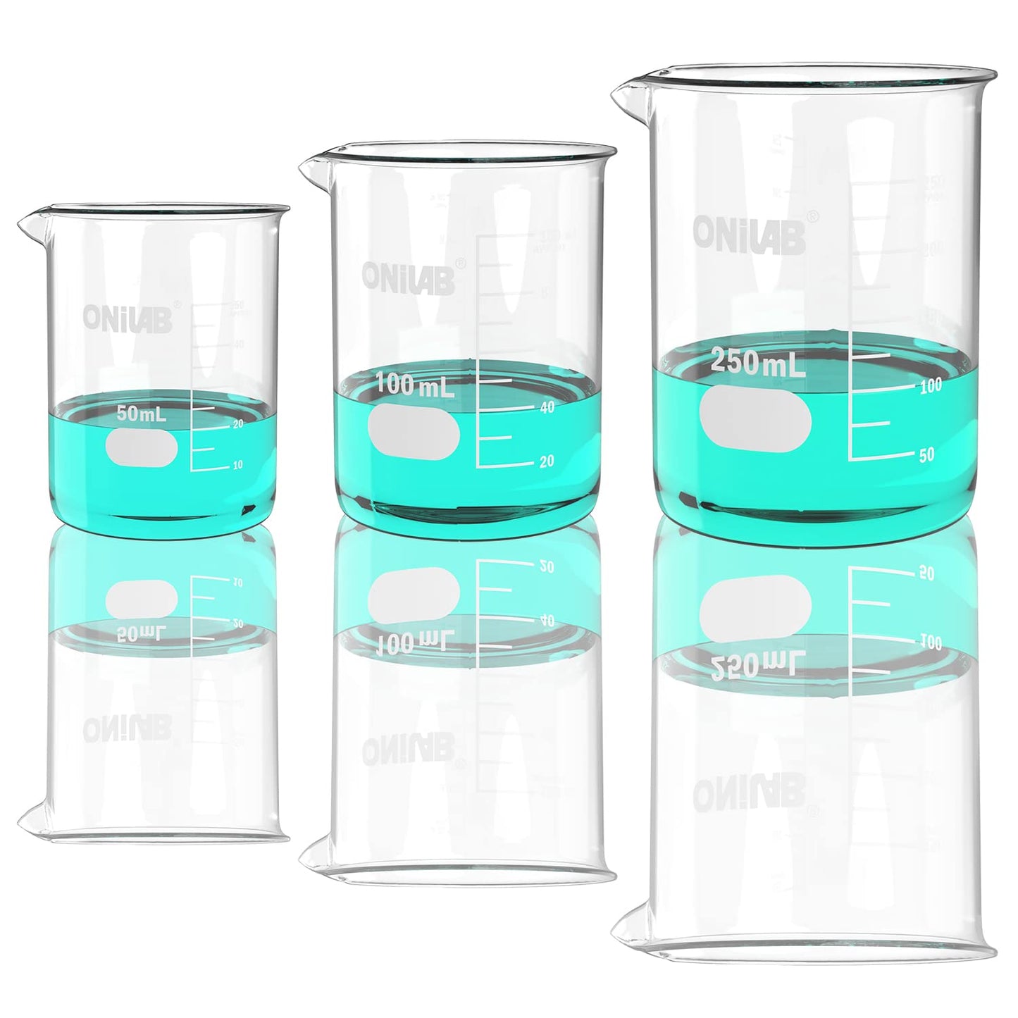 ONiLAB Glass Measuring Beaker Set 50ml 100ml 250ml 500ml 1000ml(Pack of 5) 3.3 Boro Griffin Low Form with Printed Graduation Scientific Glassware for Laboratories, Classrooms or Home Use