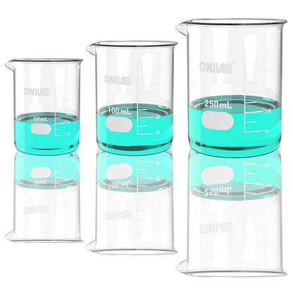 ONiLAB Glass Measuring Beaker Set 50ml 100ml 250ml 500ml 1000ml(Pack of 5) 3.3 Boro Griffin Low Form with Printed Graduation Scientific Glassware for Laboratories, Classrooms or Home Use