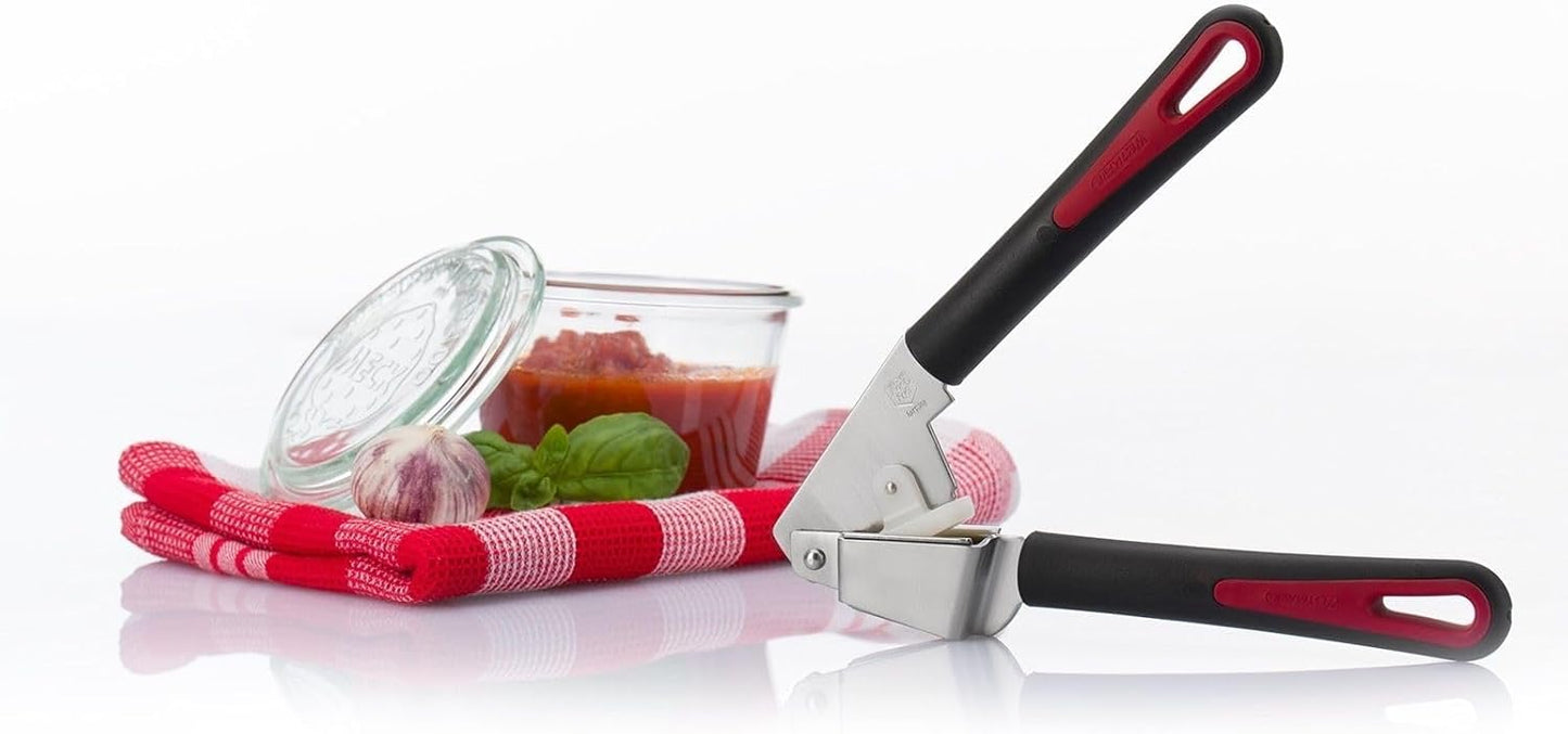 Westmark Gallant Plus 29392270 Garlic Press with Two Press Inserts: Fine and Coarse, Plastic/Stainless Steel, Black/Red/Silver