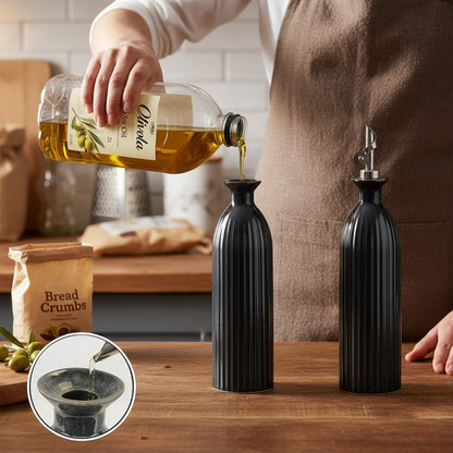 17 oz Ceramic Olive Oil Bottle Dispenser for kitchen with Stainless Automatic Spout, Stoneware 500ml Oil, Vinegar, Soy Sauce, Coffee Syrup, and Liquids container - Deep Gray-Blue