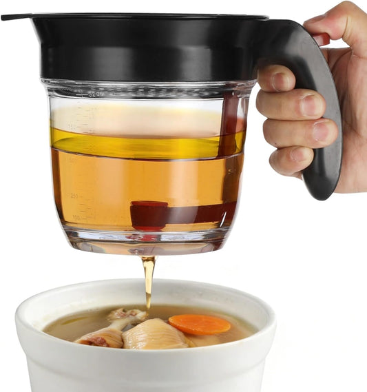 Grease Separator with Bottom Release, 33.8 oz Large Capacity Gravy Separator, Plastic Oil Strainer with Filter, Clear Measuring Cup Body, Ideal for Kitchen Broth, Soup, Sauce and Stew