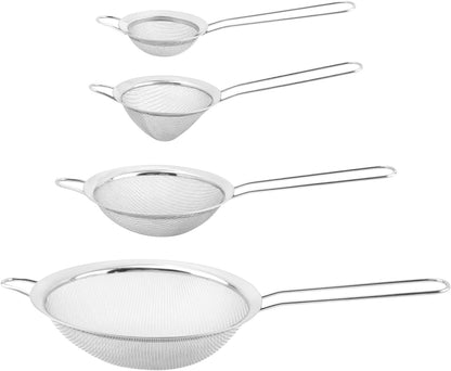 4PCS Stainless Steel Strainer Set – Fine Mesh Multi-Size w/Handles for Sifting&Rinsing | Ergonomic Design for Wet/Dry Ingredients – Ideal for Home Cooks,Baking&Veg Prep