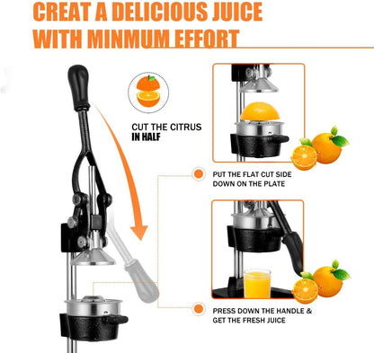 Commercial Heavy Duty Cast Iron Hand Press Manual Orange Citrus Lemon Lime Grapefruit Pomegranate Fruit Juice Squeezer Machine with Stainless Steel Cup