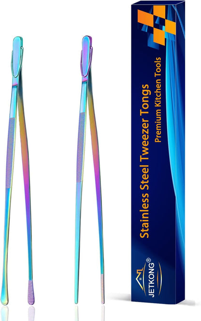 JETKONG 2 Pcs 12-Inch Kitchen Tweezers Fine Tweezer Tongs, Extra-Long Stainless Steel Cooking Tweezers (Silver)