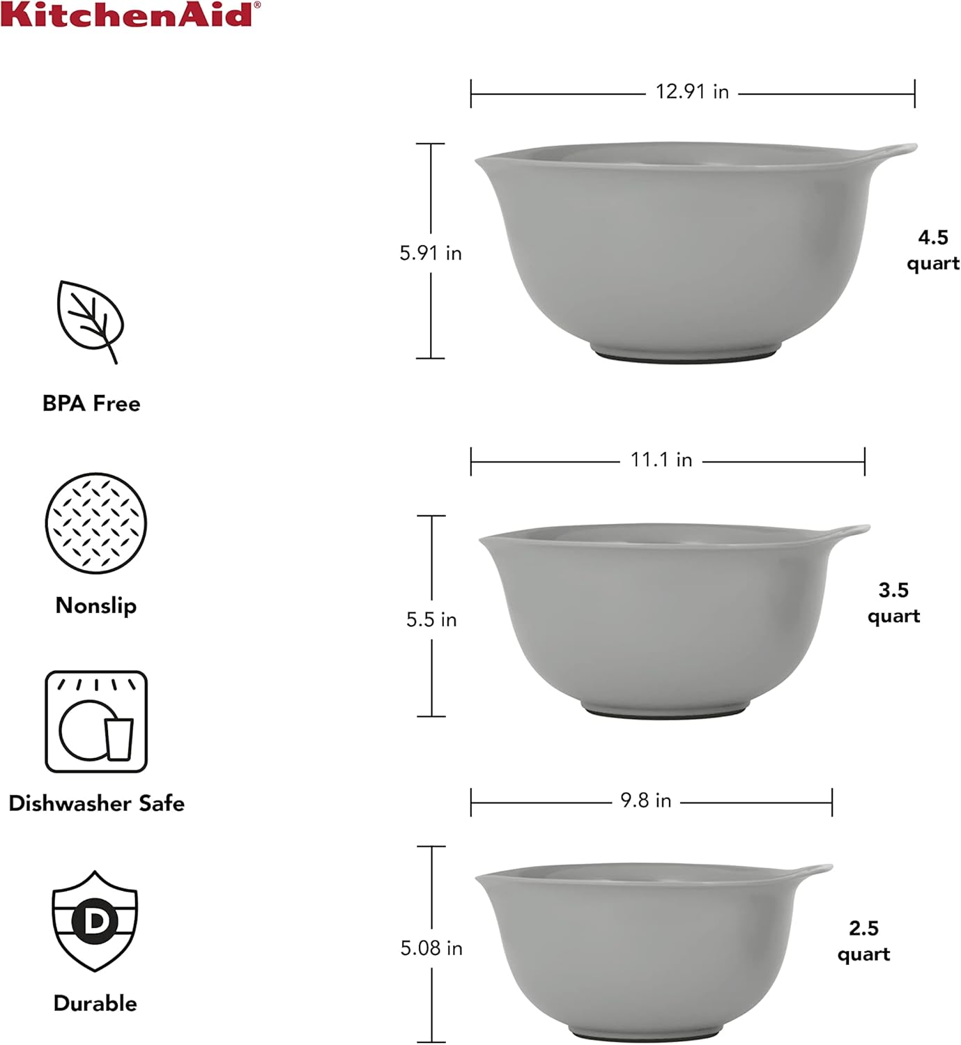 KitchenAid Universal Nesting Plastic Mixing Bowls, Set Of 3, 2.5 quart, 3.5 quart, 4.5 quart, Non Slip Base with Easy Pour Spout to Reduce Mess, Dishwasher Safe, Aqua Sky, White, Gray