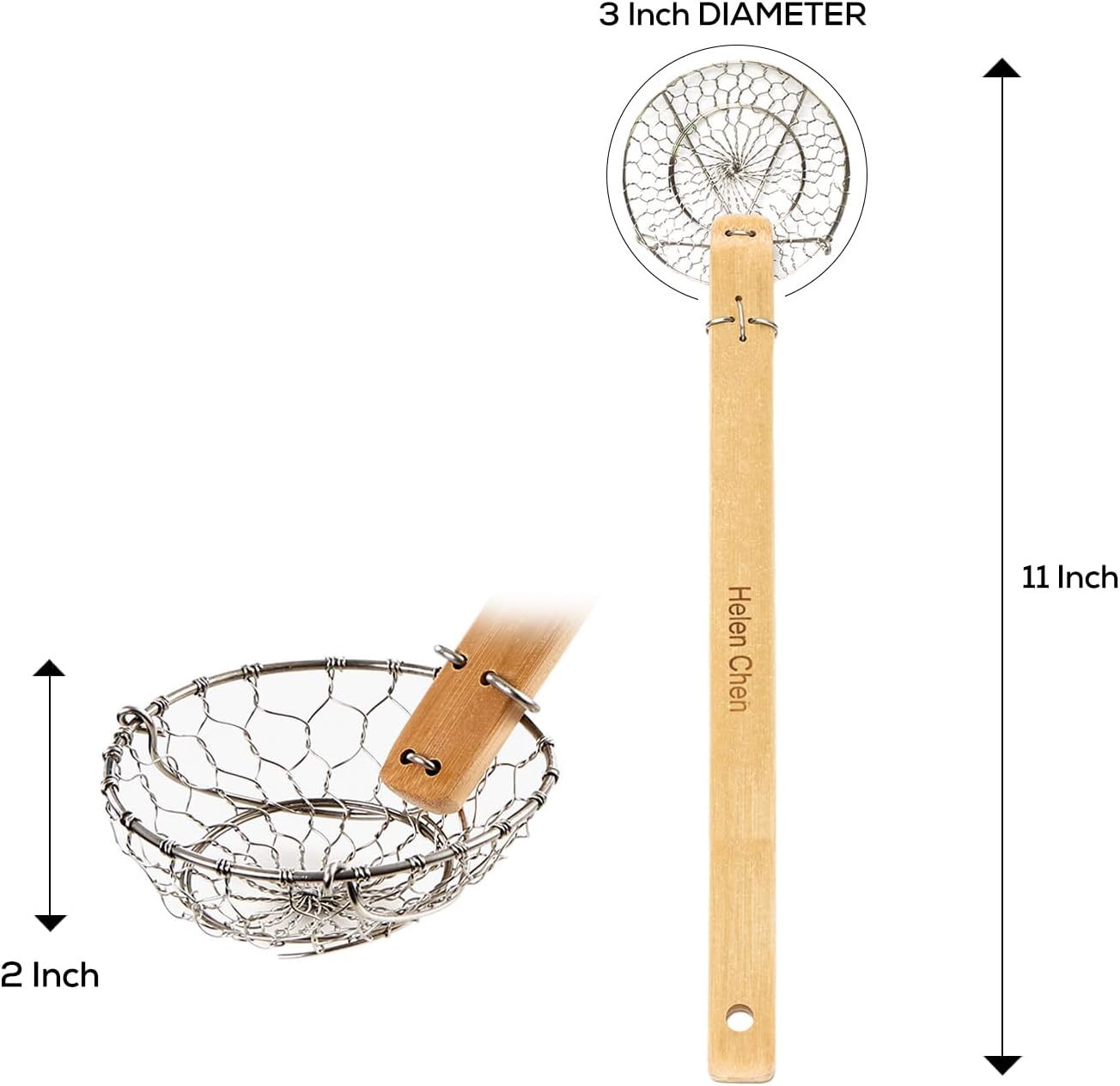 Helen's Asian Kitchen Spider Strainer, 5-Inch Stainless Steel Mesh Basket With Bamboo Handle, For Noodles, Dumplings, Wontons, Deep Frying, And Draining Tasks