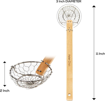 Helen's Asian Kitchen Spider Strainer, 5-Inch Stainless Steel Mesh Basket With Bamboo Handle, For Noodles, Dumplings, Wontons, Deep Frying, And Draining Tasks