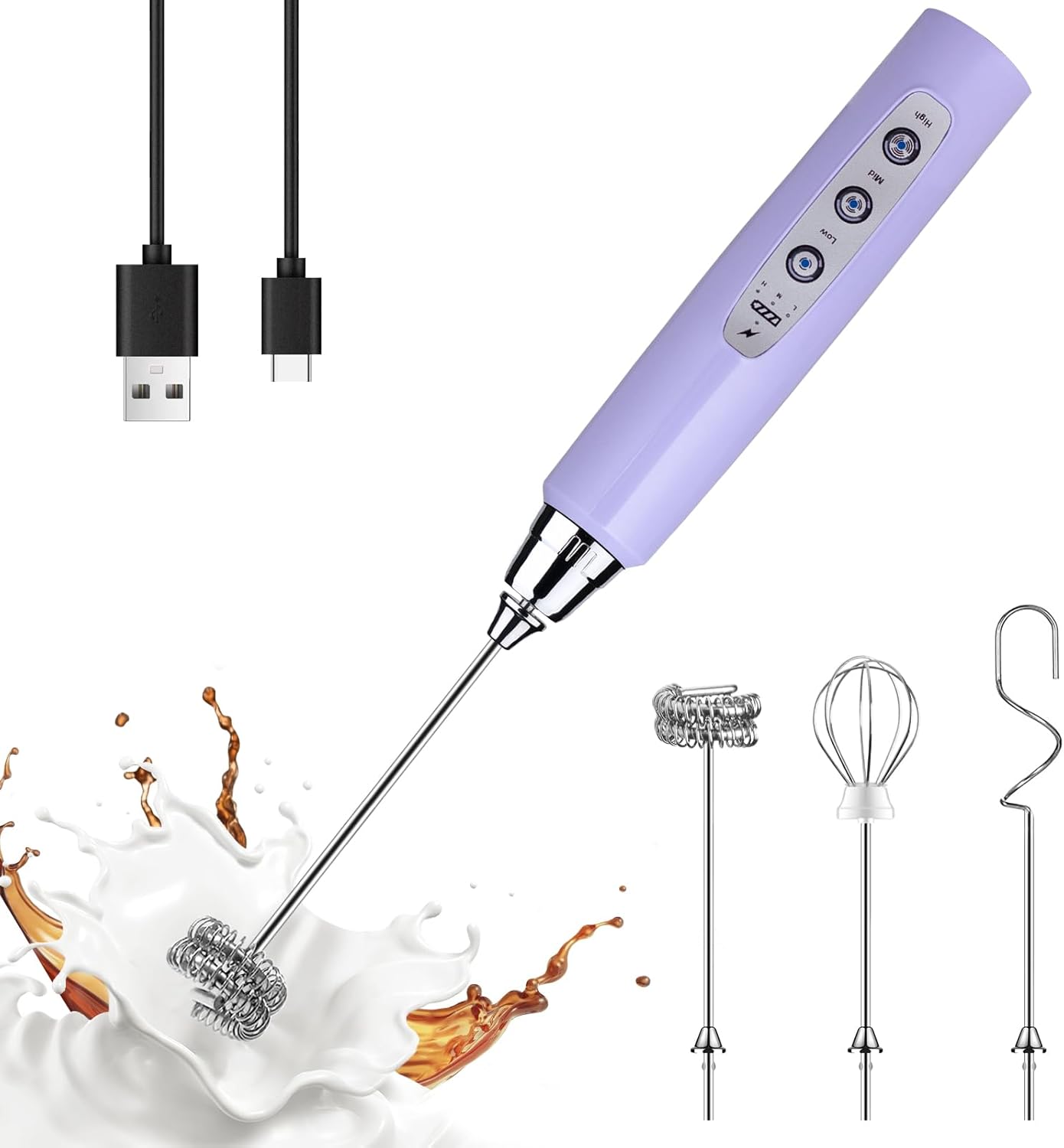 YUSWKO Black Handheld Milk Frother Wand for Coffee, Rechargeable Electric Whisk with 3 Heads 3 Speeds Drink Mixer Coffee Frother For Latte, Cappuccino, Hot Chocolate, Egg