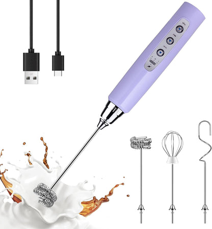 YUSWKO Black Handheld Milk Frother Wand for Coffee, Rechargeable Electric Whisk with 3 Heads 3 Speeds Drink Mixer Coffee Frother For Latte, Cappuccino, Hot Chocolate, Egg