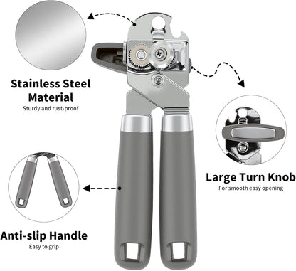 Can Opener Manual, Hand Heavy Duty Stainless Steel Bottle Opener Comfortable Handle, Sharp Blade Smooth Edge, Multifunctional Kitchen Tool, Black
