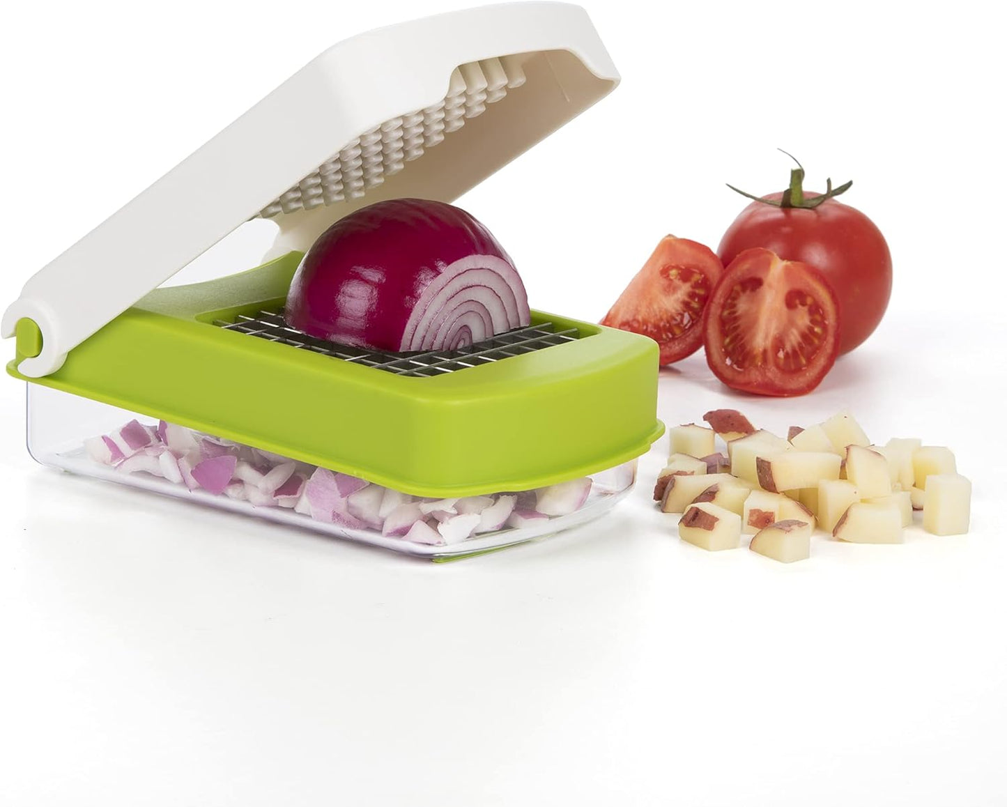 PrepWorks Compact Veggie Chopper – Space-Saving Manual Vegetable Cutter, Easy-to-Use, Stainless Steel Blades, BPA-Free