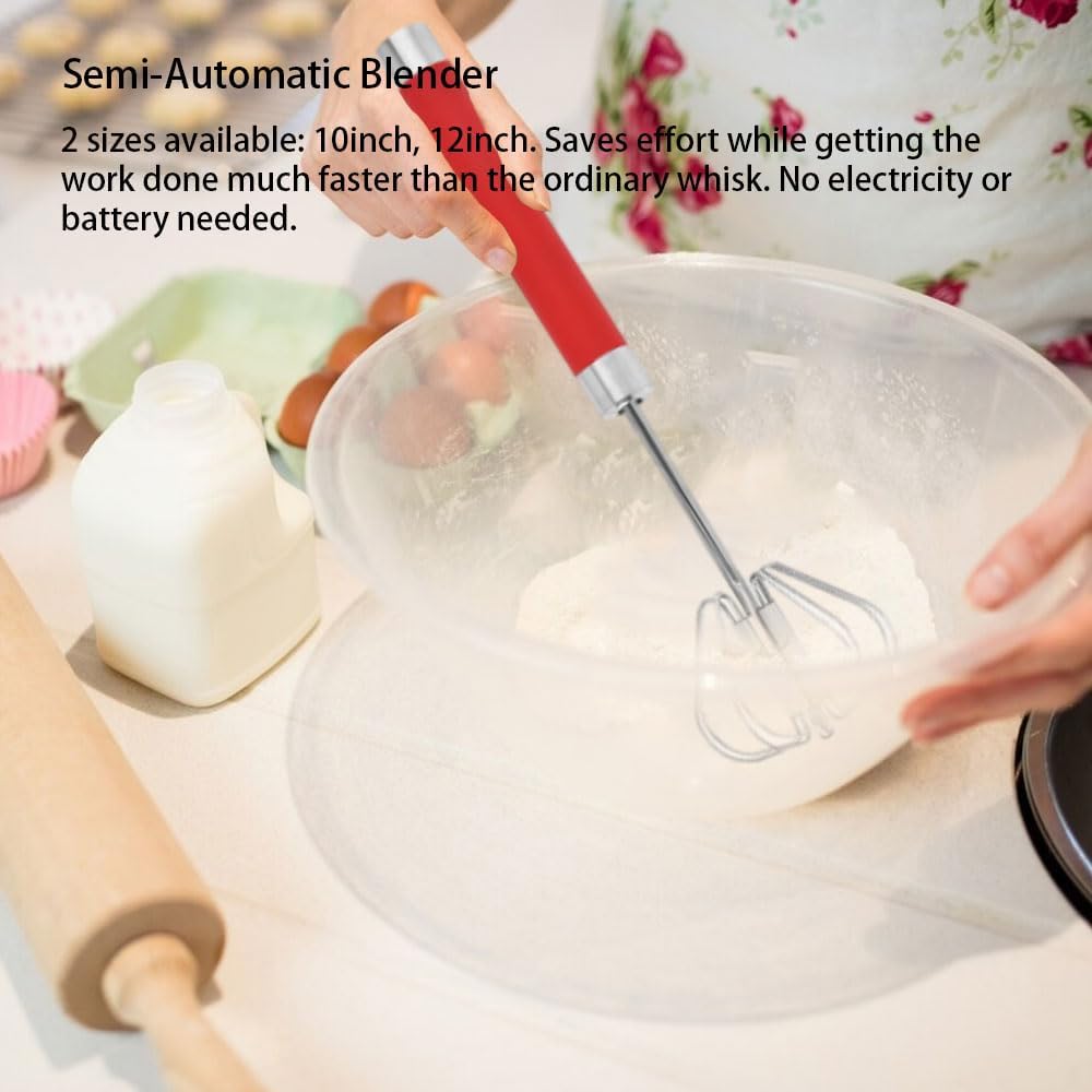 Stainless Steel Semi-Automatic Egg Whisk Set, 2PCS Hand Push Rotary Manual Mixer for Cooking, Whisking, Beating and Stirring (10&12 Inch)