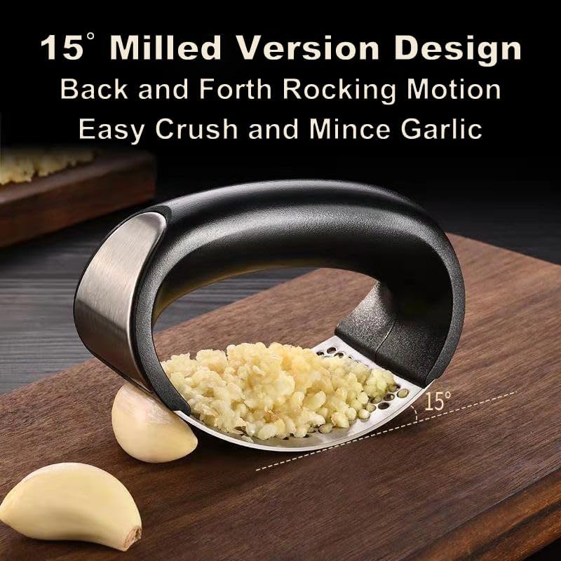 Garlic Press Rocker,New Stainless Steel Garlic Mincer Garlic Crusher Set,3-in-1 Garlic Crusher,Peeler with Cleaning Brush,Easy Squeeze Rocker Design for Smashing Garlic Kitchen Gadget