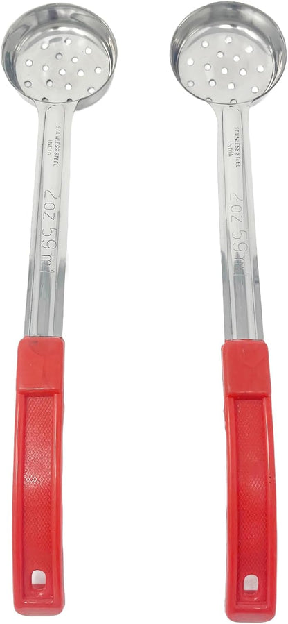 Generic 2 Pack - 2 oz. Slotted Portion Control Scoops, Spoodles - Red Handle Perforated Food Serving Spoon, Small, Silver, MCP02EP