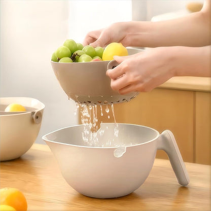2-1 Kitchen Colander Rotating Washing Basket with Handle - Pasta Strainer - Fruit Washing Bowl with Strainer - Fruit Rinser Container (Avocado Green)