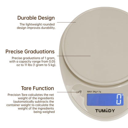 Small Digital Kitchen Scale Food - 11lb/5kg Kitchen Weight Scale with LCD Display for Weight Loss, Sourdough Bread, Baking, Cooking, Keto and Meal Prep, 1g Precision, Batteries Included, Blue