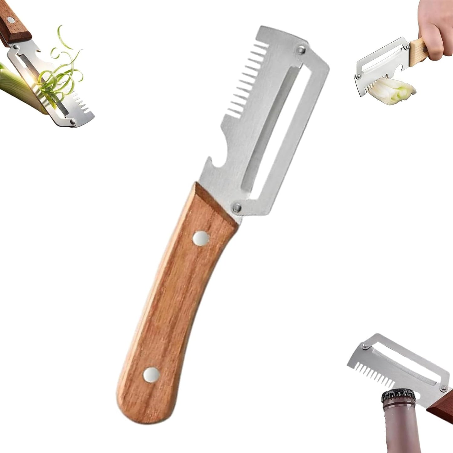 3 in 1 peeler and slicer tool, Serrated Peeling Knife Premium Vegetable Peeler, Multi-function Stainless Steel Thickened Fruit PeelersWooden Handle and Bottle Opener for Fruits and Vegetables (1)