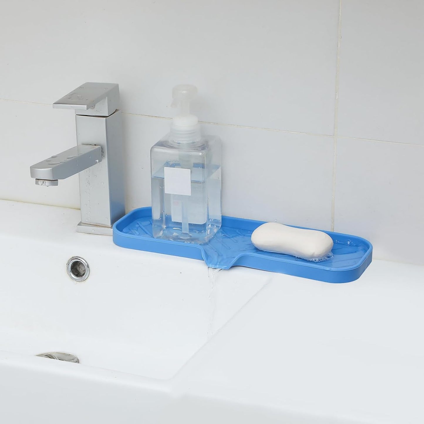 MicoYang Silicone Soap Dish with Drain Spout, Self-Draining Sink Organizer Tray for Bathroom and Kitchen, Sponges, Dispensers and Soap Holder, Non-Slip and Dishwasher Safe, Black (Compact, 4.9"×3.2")