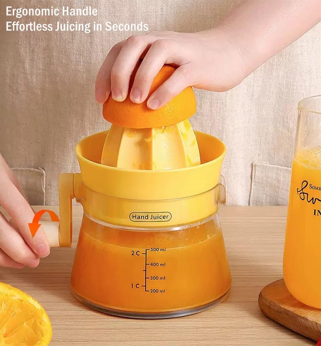 Manual Citrus Juicer with Rotating Crank-500ml Large Capacity Hand Press for Lemon Orange Lime Grapefruit | Max Extraction,Ergonomic Handle for Effortless Squeezing,Dishwasher Safe & Compact Storage